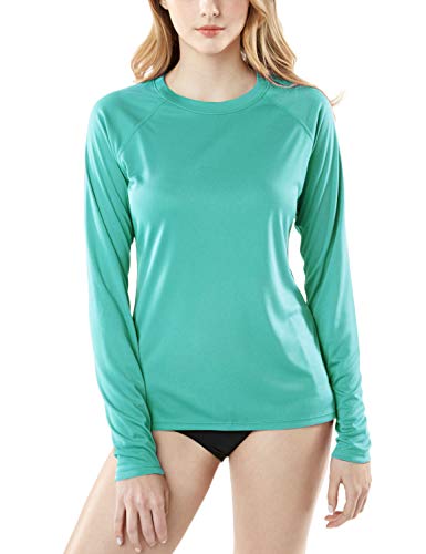 TSLA Women's UPF 50+ Long Sleeve Swim Shirt, UV/Sun Protection Rash Guard, Regular-Fit Quick Dry Water Shirts, Sun Block Long Sleeve(fss04) - Green, Large