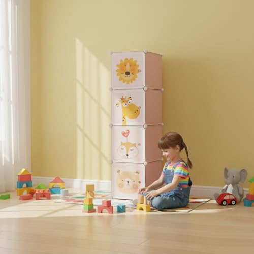 Image of KRISHYAM Kids Modular Storage Cabinet with Cartoon Animal Doors, 4 Cube Plastic Wardrobe Organizer, DIY Closet System with Hanging Rod, Toy & Clothes Storage (Pink, 4 Box)