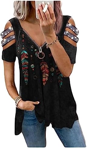 Bestgift Maglietta da donna con scollo a V e cerniera, a maniche corte, Blu, S