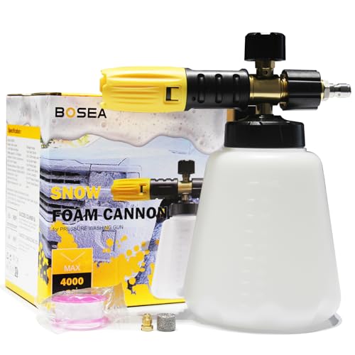 BOSEA Foam Cannon for Pressure Washer, Wide Neck Heavy Duty 4000PSI Adjustable Car Foam Cannon with M22 and 1/4″ Quick Connector, 1L Bottle
