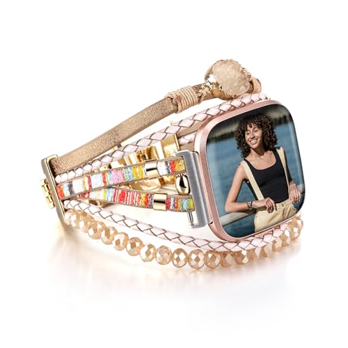 HARAVAL Pulsera de cuero con cuentas compatible con Fitbit Versa 4/Versa 3/Sense 2/Sense para mujer, bonita correa bohemia hecha a mano multicapa para reloj inteligente Fitbit, beige