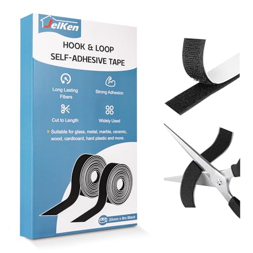 JelKen Hook and Loop Tape 20mm x 8m Heavy Duty Self Adhesive Tape Extra Strong Double Sided Sticky Strips for Carpet Picture Hanging Fabric Home Office Industrial | Cut-to-Length (Black)