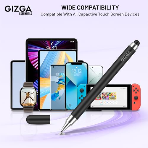 Image of Gizga Essentials 2 in 1 Universal Stylus Pen for All Touchscreen Devices| Fine Point Disc Tip & Soft Rubber Tip Touch Pen for iPad /Pro /Air /mini, iPhone, iOS /Android, Tablets, Smartphones, (Black)