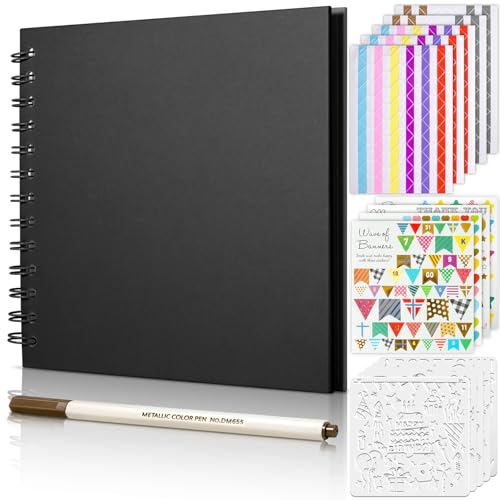 GOTIDEAL 8 x 8 Inch Scrapbook Album with Metallic Marker,40 Pages Kraft Paper Photo Albums for Wedding&Anniversary,Family DIY Scrap Books with Scrapbooking Stickers Corners(Black)