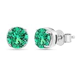 Shineadime 7.6mm Round Shape Simulated Green Emerald Prong Set Stud Earrings with Push Back in 14K W