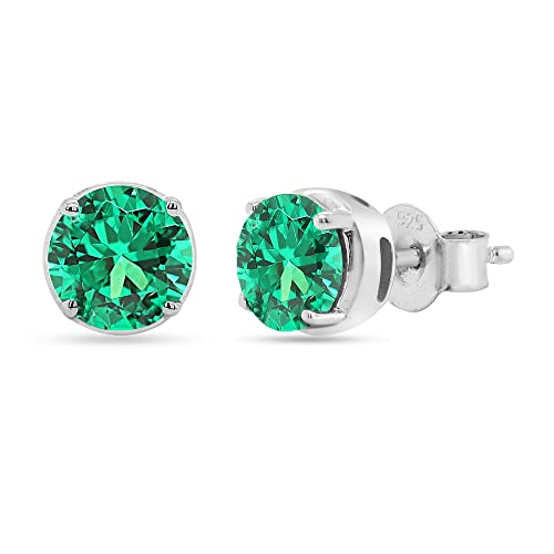 Shineadime 7.6Mm Round Shape Simulated Green Emerald Prong Set Stud Earrings With Push Back In 14K White Gold Plated Gift For Womens (Clarity Vvs1) #TOP3