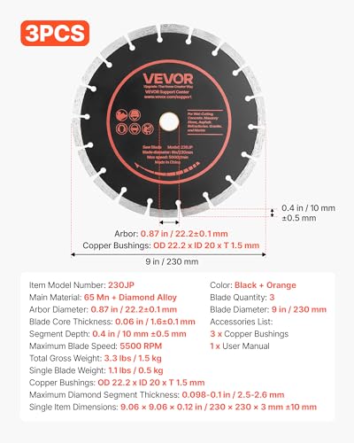 Image of VEVOR Diamond Blades 9 inch, 3-Pack Concrete Saw Blade Set, 7 /8 in Arbor, High-Hardness Diamond Segments, 65Mn Steel Core, Dry Wet Cutting, Clean Edges for Concrete, Masonry, Brick, Stone, Granite