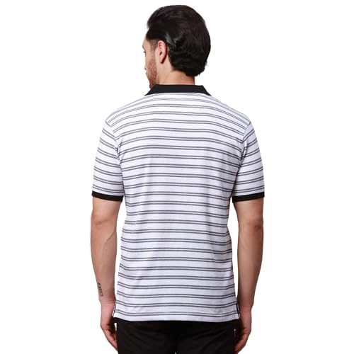Image of Park Avenue Men's Cotton Polyester Blend Stripe Pattern Slim Fit Rib Collar Polo Neck Half Sleeve Casual T-Shirt