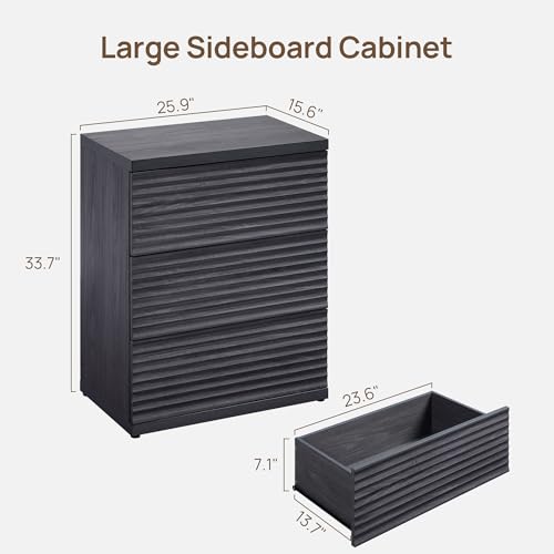 Image of SICOTAS Fluted Sideboard Buffet Cabinet with Storage, Modern Credenza Storage Cabinet with 3 Larger Drawers, 2-Piece Media Console Mid Century Coffee Bar Table for Entryway Kitchen, Dark Grey Alder