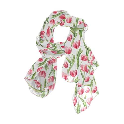 ALAZA Romantic Spring Flower Pink Tulip Sheer Scarves Shawl Wrap Women Light Soft Infinity Oblong Chiffon Scarf for Outdoor