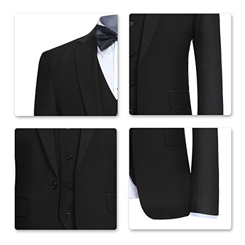 Yffushi Men's Slim Fit 3 Piece Suit One Button Business Wedding Prom Suits Blazer Tux Vest Trousers Black #TOP3