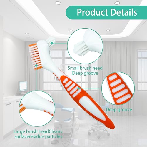 FloraVigo 2er-Pack Prothesenzahnbürste, Mini-Zahnbürste, Doppelwinkel-Bürstenkopf, tragbare ergonomische Prothesenreinigungsbürste, Dentalgerät (Grün + Orange)