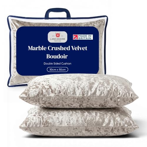 Image of Lancashire Textiles Marble Crushed Velvet Boudoir Cushion 30x50cm – Double Sided Luxury Decorative Cushion for Sofa, Couch & Bed – Soft Accent Cushion for Living Room & Bedroom Decor – Champagne