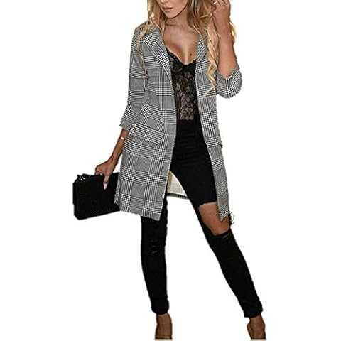 GirlzWalk @ Women Check Hounds Tooth Tartan Duster Coat Ladies 3/4 Sleeve Jacket Blazer Top (Mono Check, ML/UK 12-14) Cover