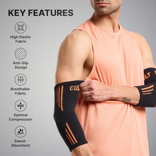 Image of CULT Elbow Support Pair for Gym & Sports - Compression Elbow Band for Pain Relief & Injury Recovery - Non-Slip, Breathable, Sweat-Absorbent - For Men & Women, Black, Medium