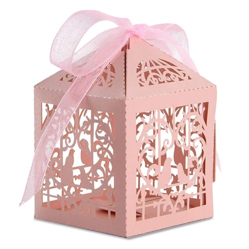 Trimming Shop Lot de 50 boîtes à dragées de mariage avec ruban en organza découpé au laser pour bonbons, chocolats, bonbons, décoration de fête...