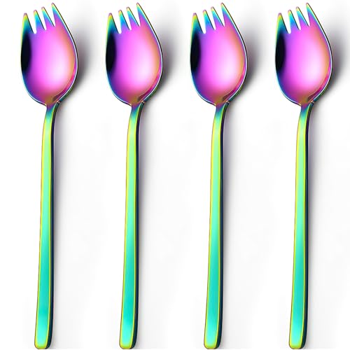 Sporks,Tiokin 4 Stück Edelstahl Spork Göffel, Lang Salatlöffel 2 In 1 Abendessen Gabel Suppenlöffel Salatgabel Nudellöffel, Multifunktion Löffel und Gabel für Camping zu Hause oder auf Reisen