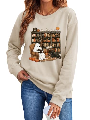 Halloween Sweatshirts Women Ghosts Reading Books Graphic Pullover Tops - image 1