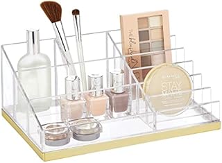 mDesign Makeup Organiser  Plastic Cosmetic Organiser with 10 Compartments  Makeup Storage for Bathrooms, Bedrooms and Dressing Tables  Clear/Gold