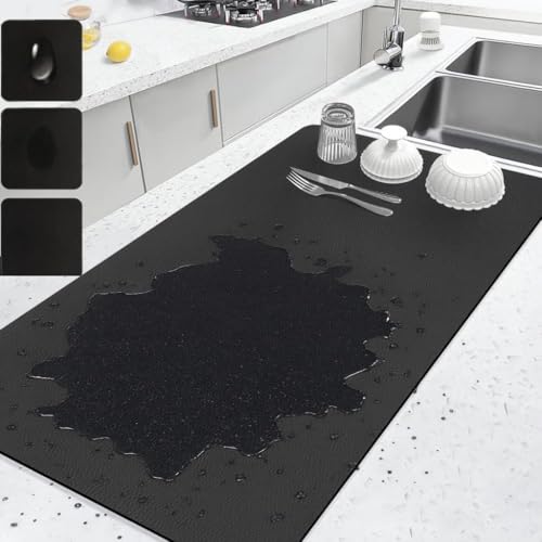 Image of Dish Drying Mat Large - Water Absorbing Mat for Kitchen, Kitchen mat for Drying Utensils, Kitchen Drying Mat for Wet Utensils, Drying Mat for Kitchen Utensils Large (Dark Black, 60 x 40 Cm)