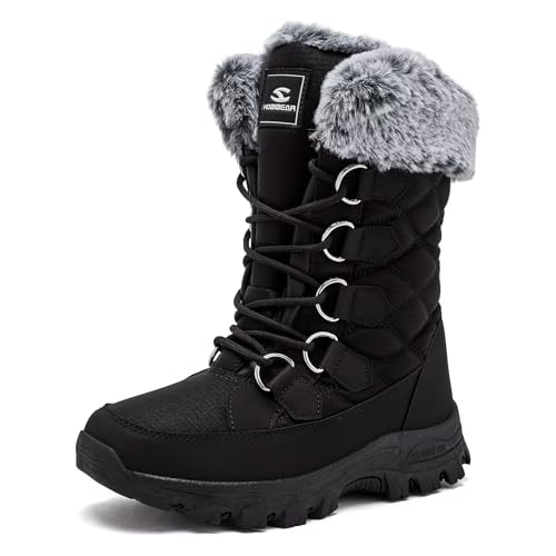 HOBIBEAR Schneestiefel für Frauen Wasserdichte Wanderstiefel für Damen Winterstiefel Warm(EU 38,Ganz schwarz)