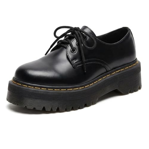 Women's Chunky Platform Faux Leather Oxford Shoes, Round Toe Lace-Up Thick Sole Derby for Height Increasing All-Season Comfort (Black,8)