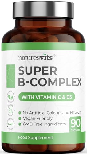 High Strength Vitamin B Complex, 90 Capsules - Contains Vitamin C and D, Folic Acid, Biotin, Thiamine, Riboflavin, Niacin, Pantothenic Acid and More - Supplements for Fatigue