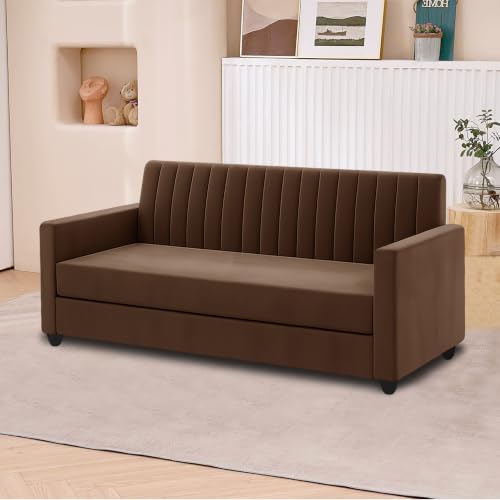 Image of 3+2 Fabric Sofa Set with Ottoman for Living Room | Modern Upholstered 5-Seater Couch | Soft Cushion, Premium Velvet Fabric-Brown