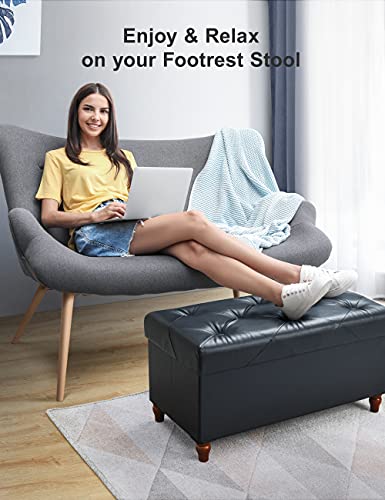 Nicehill Storage Ottoman With Wooden Legs, Faux Leather Ottoman With Storage For Living Room, Bedroom & Hallway, Folding Storage Ottoman Bench Support 350Lbs, Ottoman Foot Rest, 30" Black Ottoman #TOP3