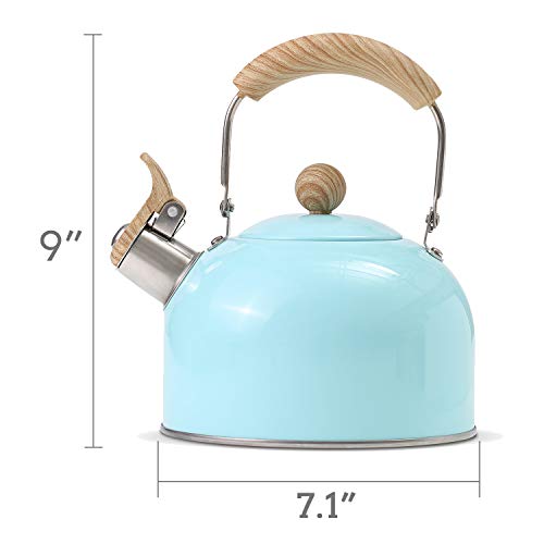 Rockurwok Whistling Tea Kettle, 2.5 Qt / 80 Oz, Blue Teapot, Universal Base For Induction | Gas | Electric | Halogen | Radiant, Cool Toch Foldable Handle, Vintage #TOP3