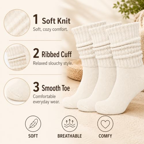 Image of 3 Pairs Slouch Socks for Women & Men, Ribbed Scrunch Crew Socks | 3-pair cotton-rich ribbed slouch socks for women and men, thick scrunch crew socks for boots, sneakers and lounging.