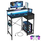 X-cosrack 33.5" Small Gaming Desk with LED Lights & Long Monitor Stand, Compact Computer Desk with Power Outlets & CPU Stand, Gamer Table with Storage Drawer for Home Office, Bedroom Corner, Black