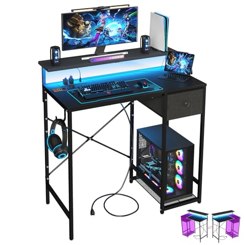 Image of X-cosrack 33.5 inch Small Gaming Desk with LED Lights & Long Monitor Stand, Compact Computer Desk with Power Outlets & CPU Stand, Gamer Table with Storage Drawer for Home Office, Bedroom Corner, Black