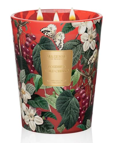 Image of M&SENSE Wild Cherry Scented Candle 3 Wick, 35oz 150H Long Lasting, Soy Candles Stress Relief Romantic Gifts for Women Home Decor