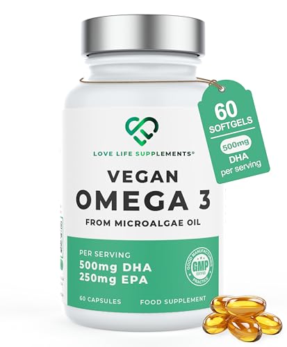 Vegan Omega-3 500mg DHA & 250mg EPA per Serving – 60 Algae Oil Softgels (Carrageenan Free) – High Strength Plant-Based Omega 3 – Polaris Omegavie® with Qualitysilver® – Heart, Brain & Eye Support