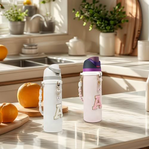 Cute Letter Charm Set with Secure Handle Strap, Silicone Ring, Monogram Sticker and Personalized Decoration for Owala Compatible Water Bottle, Travel Carry, School, Gift and Daily Use (White, K)