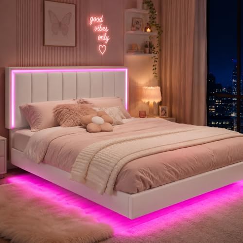 IMMERSTABLE Full Size Floating Bed Frame with LED Lights Upholstered Platform Bed with Headboard 11 in Storage Clearance Solid Wood Slats No Box Spring Needed Easy Assembly White