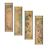 Wall Scroll Hanging Painting Decor, Chinese Traditional Art Set of 4 Vintage Flower Paintings Ancient Painting Replica, Plum Orchid Bamboo Chrysanthemum