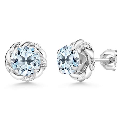Gem Stone King 2.00 Ct Round 6mm Sky Blue Topaz 925 Sterling Silver Flower Stud Earrings