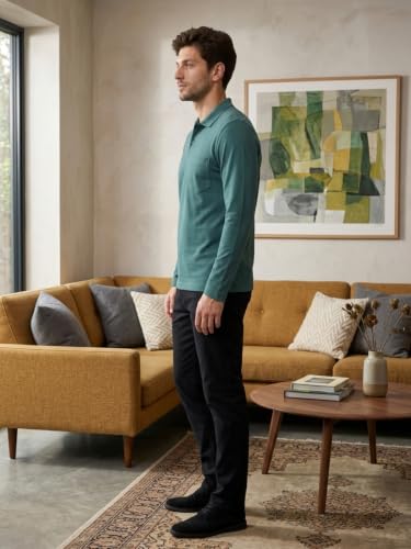 Image of CAMEY Men's Plain Solid Long Sleeve Polo T-Shirt | Regular Fit | Collared Casual Cotton Blend Tee with Chest Pocket | Everyday Comfort Wear