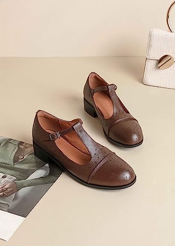 Sailimy GP-202306-BROWN-8 Women'S Brown T Strap Genuine Leather Mary Jane Saddle Oxford Flats Shoes Size 8 thumb #3