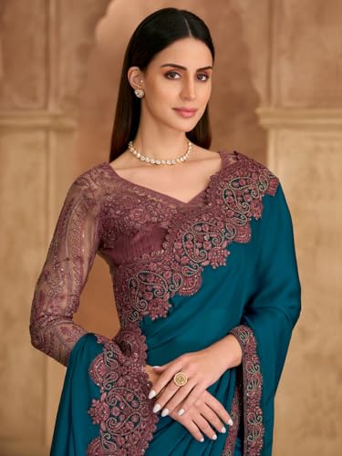 Image of AKHILAM Women's Satin Sequence Embroidery Saree With Unstitched Blouse Piece(SNDLWOD1601 TFH Parent)