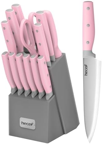 hecef Kitchen Knife Block Set, 14 Pieces Knife Set with Wooden Bl...