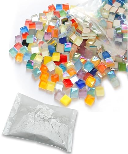 Mosaiksteine Daity Glassteine Glitzerkristall Mosaiksteine zum basteln set mit Pulverdichtmasse Quadrat Dekosteine für Mosaizistin Mosaik Basteln, Fotorahmen, Vase, Untersetzer, Spiegel bunt 400g (J)
