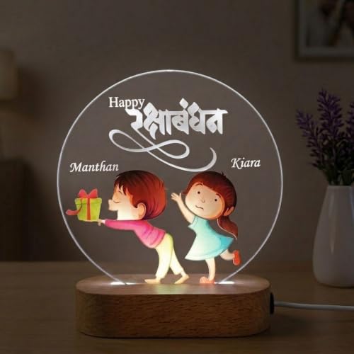 Image of White Glow Table Lamp - Personalized Raksha Bandhan LED Acrylic Photo Lamp for Brother & Sister | Custom Name Night Light with Cartoon Design | Customized Rakhi Gift for Brother from Sister
