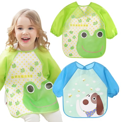 KEQAR Baberos del Bebé Impermeable, 2 piezas, con Mangas Infantil para Pintar, Lavable, Bebes de 0 hasta 24 Meses, para Niñas, diseño alegre, material fácil de limpiar, ideal para alimentación y juego