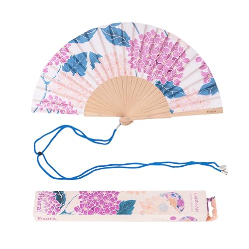 Fisura – Abanico original con estampado de hortensias. Abanico de madera moderno y colorido. Ventilador de mano rosa. Colgador incluido. Medidas: 42,5 x 23 cm