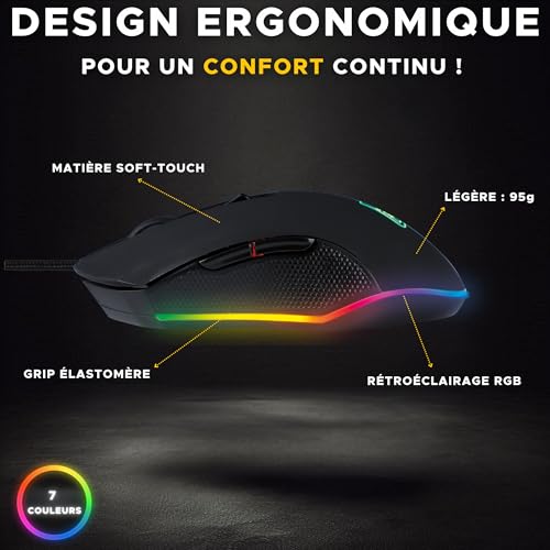The G-Lab - Kult Helium Souris Gamer Filaire USB - Capteur Optique 800 à 6400 DPI, Rétroéclairage LED 7 Couleurs, 6 Boutons - Souris Gaming Confortable et Légère - Compatible PC PS4 Xbox One PS5 – Image 4