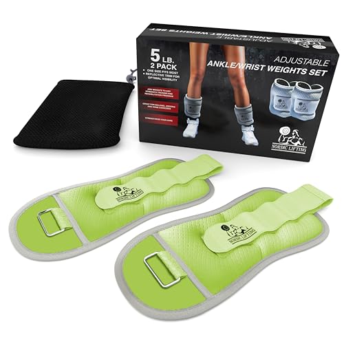 Nordic Lifting 1 Pair Neoprene Ankle/Wrist Weights – 5 lb, Green – Adjustable Strap-On Weights for Arm, Leg, Wrist – Great for Walking, Jogging, Kids Gymnastics – Unisex Design