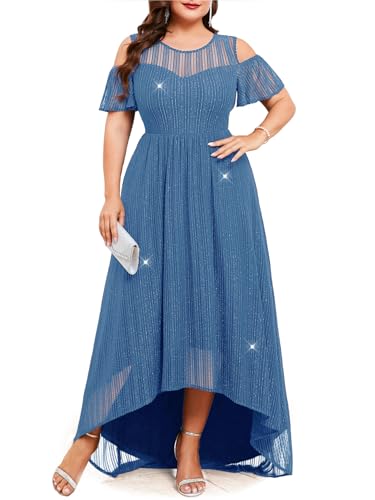 Image of ZOMVA Plus Size Sparkly Mesh Maxi Dress Cold Shoulder Ruffle Sleeve High Low A Line Dresses Wedding Guest Cocktail Party